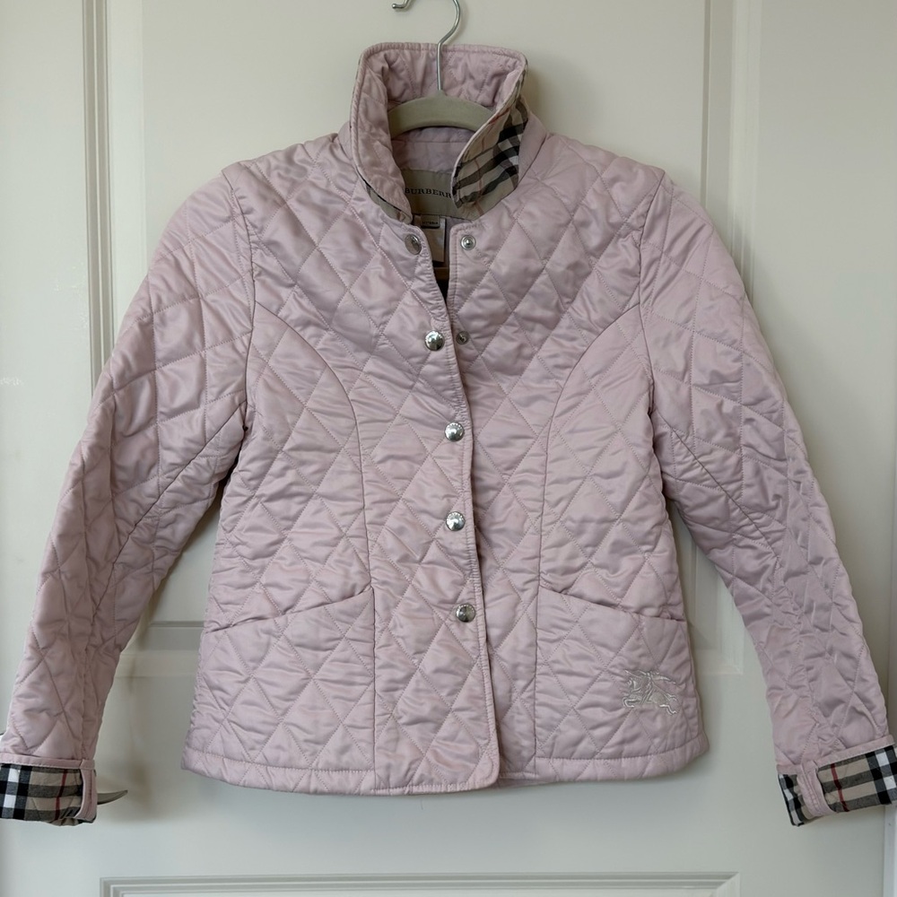 Burberry Pale Pink Quilted Puffer Jacket with Check Trim